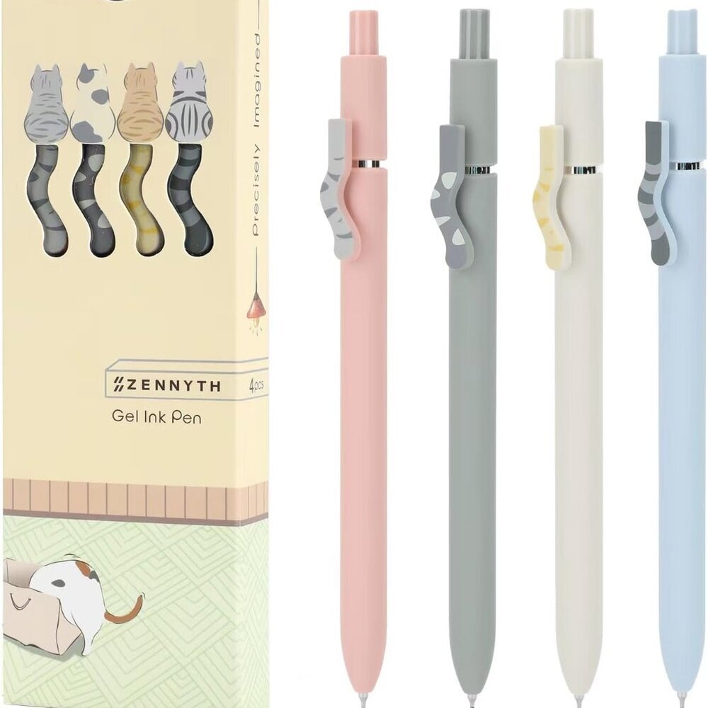 Cute Cat Pens, 4 Pcs 0.5mm Quick Dry Black Ink Gel Pens Fine Point Smooth Writin